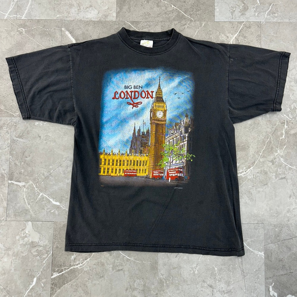 Vintage London Big Ben Graphic Tee Mens Medium England Short Sleeve Shirt Black